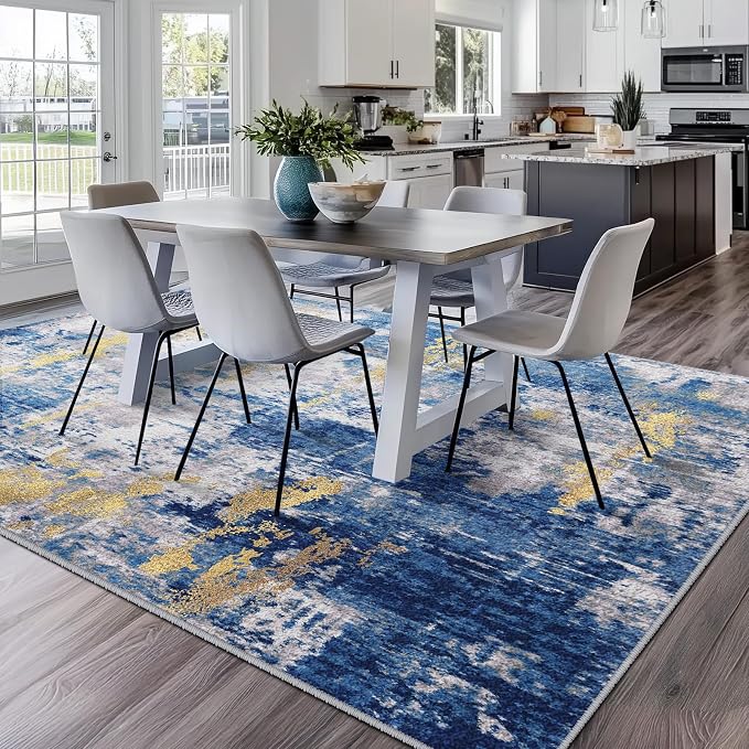 RELEANY Washable Area Rugs Square 9ft Non-Slip Modern Abstract Soft for Living Room Entryway Bedroom Kitchen, Print Pattern, Grey Blue Gold/Golden