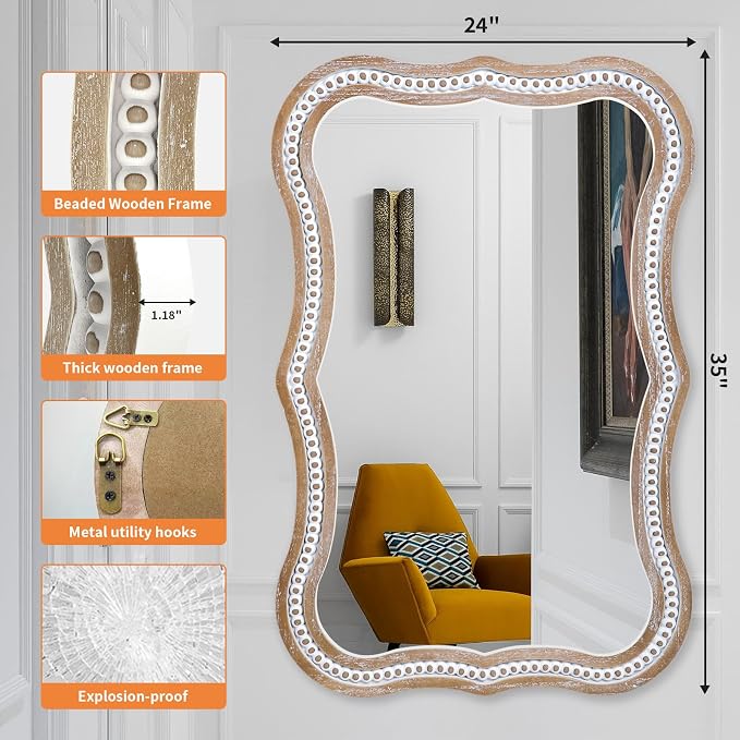 36x24 Inch Wavy Mirror for Wall Decor, Wooden Bathroom Decorative Mirrors | Hang Vertically or Horizontally to Fit Living Room, Entryway, Sideboards, Dresser, Hallway, Foyer or Rental Spaces