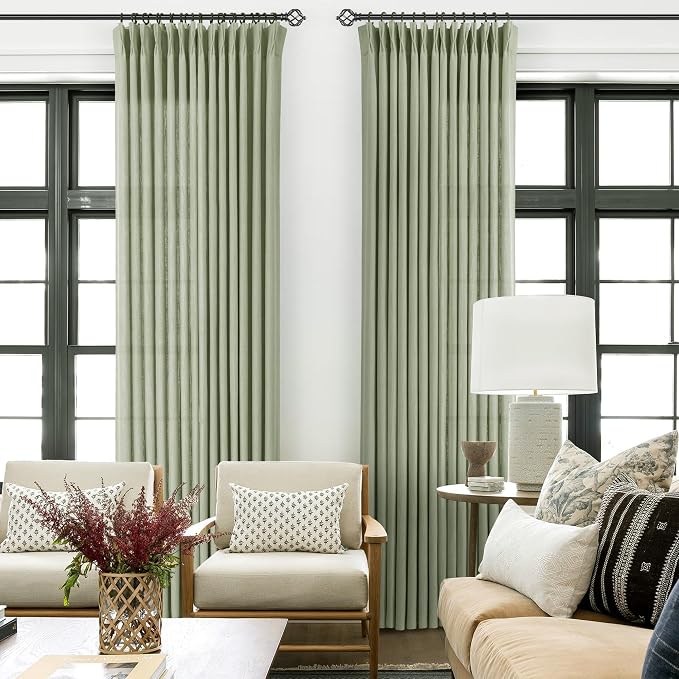 Sage Green Pinch Pleated Linen Curtains 72 Inch Length 2 Panels for Living Room Bedroom Textured Semi Sheer Drapes Pinch Pleat Rings Window Curtain 40x72