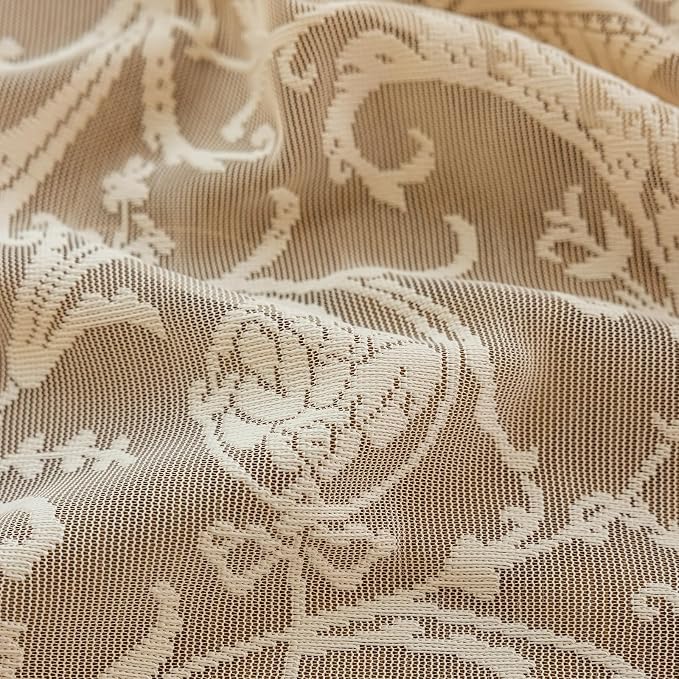 TUDECO Beige Sheer Curtains 54 Inch Length - Romantic Floral Short Lace Curtains for Kitchen Bathroom Laundry, Rod Pocket Privacy RV Curtain Panels with Ruffle Edges, 1 Pair, 59W x 54 Inch