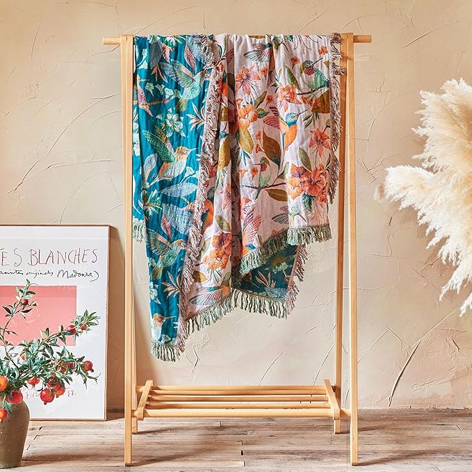 Boho Throw Blanket - 90"x108" 100% Cotton Ultra Soft Lightweight Spring Blanket, 4-Layer Breathable Muslin Blankets for Bed Couch, Reversible Blue Floral Bird Printed Bohemian Cotton Quilt