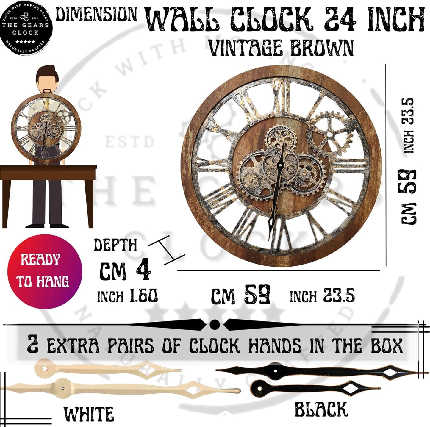 The Gears Clock The Original Real Moving Gear Wall Clock Vintage Industrial Oversized Rustic Farmhouse (24 inch (60cm), Vintage Brown)