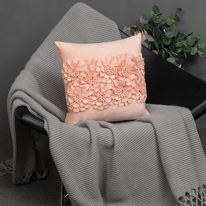 JWH Handmade 3D Flower Throw Pillow Covers Decorative Floral Accent Cushion Cover Velvet Pillowcase for Car Bed Couch Bedroom Decor 18x18 Inch Blush Pink