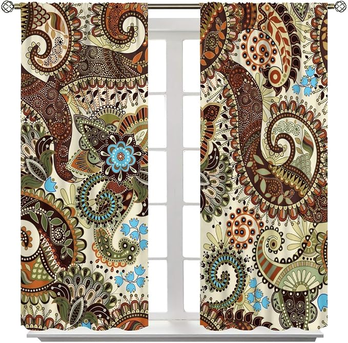 Boho Curtains, Abstract Pelis Boho Brown Vintage Floral Ethnic Tribal Blossom Print, Blackout Curtains for Bedroom Living Room42X63 Inch