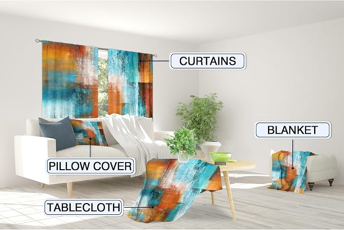 MESHELLY Brown Blue Abstract Curtains 52W x 84H Inch Rod Pocket Rust Burnt Orange Teal Art Painting Modern Contemporary Watercolor Cool Oil Print Vintage Living Room Bedroom Window Drapes 2 Panel