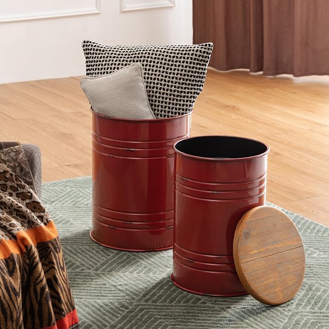 Glitzhome Rustic End Table Set of 2, Farmhouse Galvanized Metal Barrel Ottoman Storage Stool with Round Wood Lid for Living Room Furniture, Red