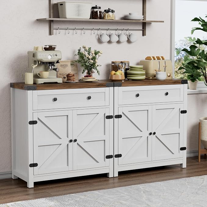 YESHOMY Coffee Bar and Accent Cabinet, Farmhouse Barn Door Buffet Sideboard with Drawer and Adjustable Shelf, Wide Desktop for Kitchen, Dining Room, Bathroom, Entryway, Brown & Rustic White