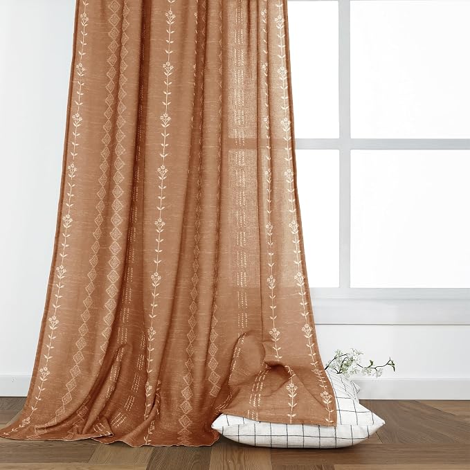Retro Country Curtains 63 Inch Length for Living Room Kitchen Window 2 Panel Set,Sheer Fun Print Rust Burnt Orange Funky Floral Printed Boho Mid Century Modern Curtains for Bedroom 63 Inches Long