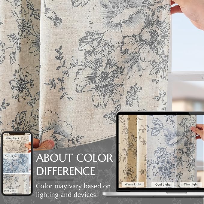 jinchan Linen Floral Tier Curtains 24 Inch Farmhouse Botanic Grey Cafe Curtains Light Filtering Drapes for Small Windows Back Tab Half Window for Kitchen Living Room Bathroom 2 Panels Gray
