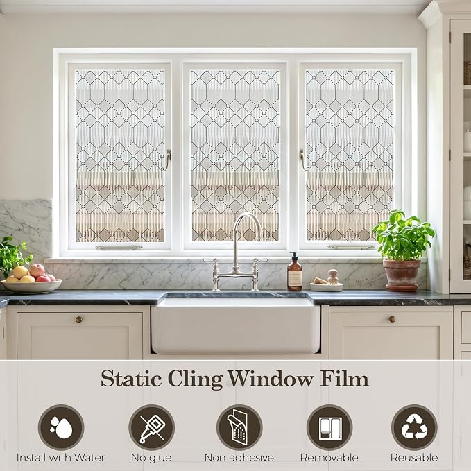 SUNBABY Reeded Glass Window Privacy Film, Decorative Frosted Glass Window Film for Bathroom & Front Door, 3D Static Cling Window Coverings Day and Night Privacy Sun Heat Blocking (23.6 x 78.7 Inch)