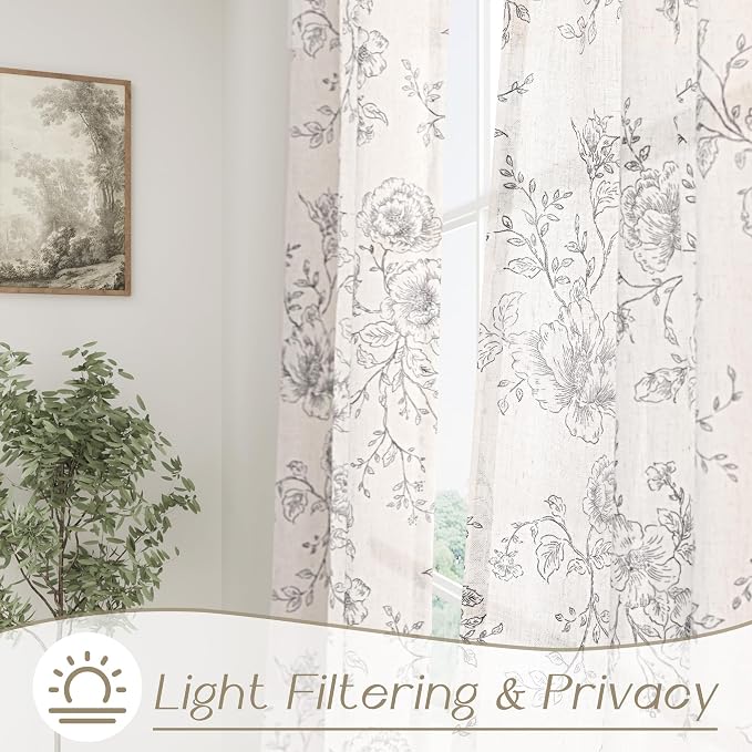 Floral Linen Curtains 63 inch length 2 panels for Dining Room Neutral Cream Black Pattern Printed Curtains Living Room Back Tab Semi Sheer Drapes Vintage Farmhouse French Country Curtain for Bedroom
