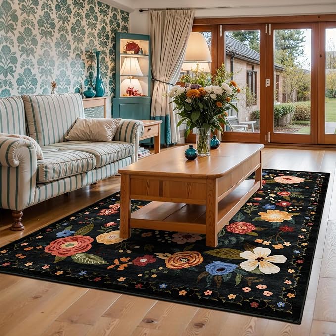 5x7 Washable Area Rug for Living Room, Floral Non-Slip Non-Shedding & Easy Care, Soft Low Pile Boho Indoor Floor Carpet for Living Room, Bedroom, Farmhouse, Dining Room, Kids Playroom, Black
