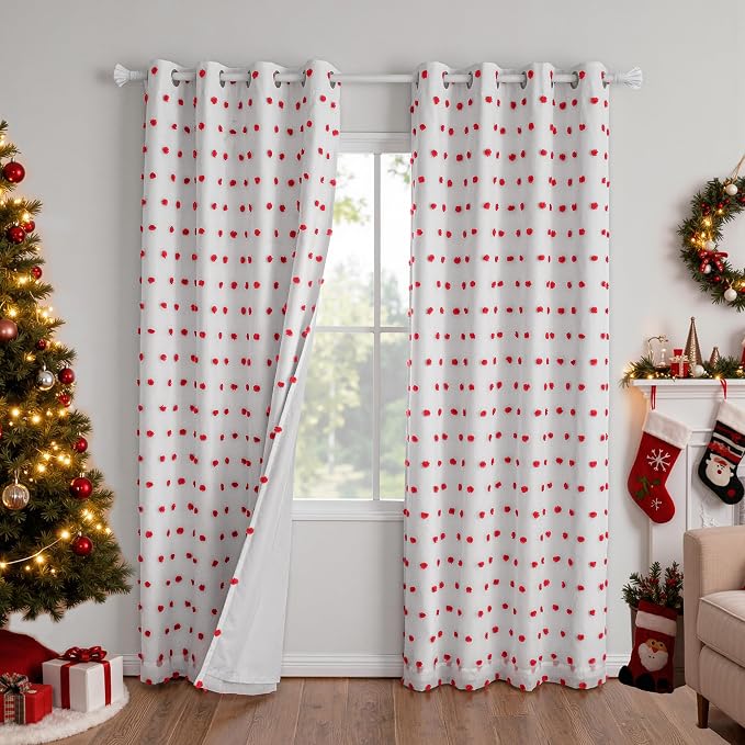 MYSKY HOME Blackout Curtains for Nursery Thermal Insulated Red Pom Pom Curtains 72 Inch Long for Girls Bedroom 2 Panels White Sheer Curtains for Dining Room Door Grommet, 52 x 72 in