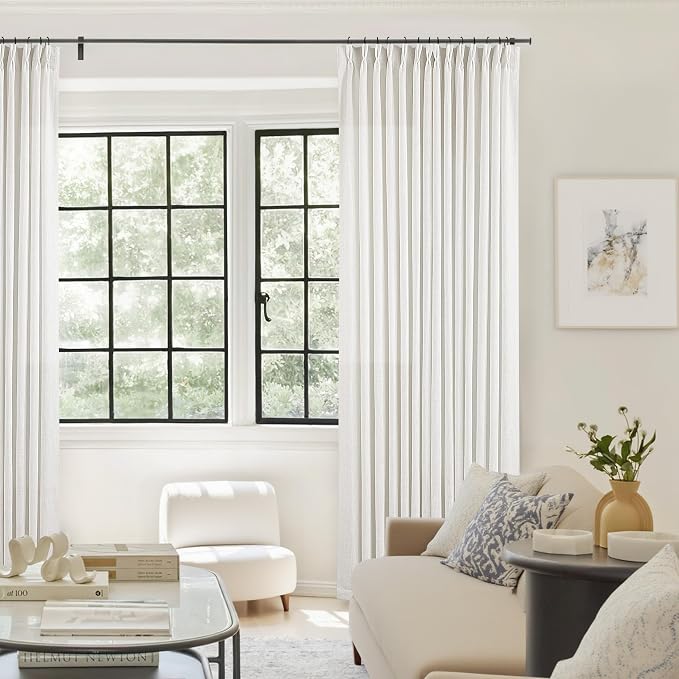 Pinch Pleated Linen Curtains 94 Inches Long for Living Room Bedroom Light Filtering Boho Window Drape 94 inch 2 Panels with Hooks Rings Cream Beige White Sliding Glass Door Semi Sheer Curtain