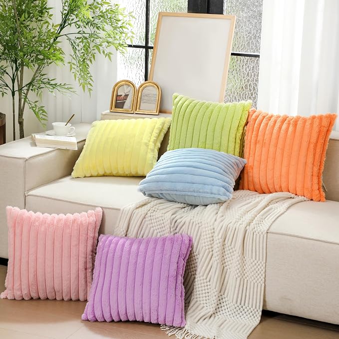 Mixweer 6 Pcs Back to School Faux Fur Plush Throw Pillow Covers 18x18 Inch Pastel Soft Fluffy Striped Decorative Pillow Covers with Velvet Back for Sofa Couch Cushion Bedroom, Home Classroom Decor