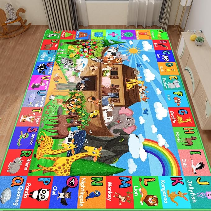 ABC Kids Rug for Playroom 110×78.7 in Noah's Ark Animals Rug Play Mat Alphabet Playmat Shape Color Classroom Carpet Kids Playroom Early Learning Carpet for Preschool Tummy