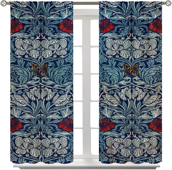 Bohemian William Morris Retro Plant Floral Blackout Window Curtains, Flower Vintage Country Farmhouse Art Window Drapes, for Bedroom Living Room 27.5(W)*63(L) 2 Panels