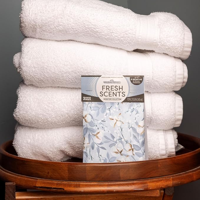 Fresh Scents Scented Sachets | White Cotton | Home Fragrance | Long Lasting (Up to 6 Months) | Air Freshener for Closets, Drawers, & Cars | 6 Pack