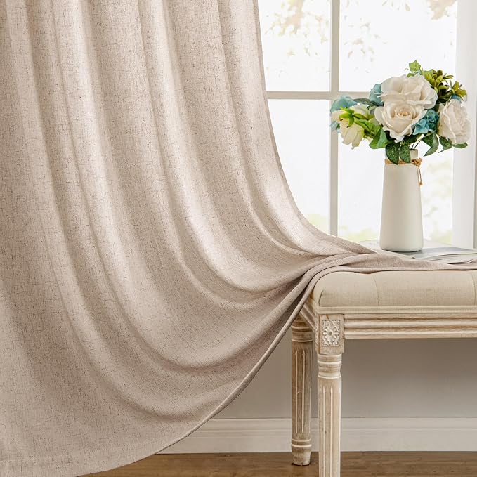 MIULEE Non-See-Through Privacy Linen Curtains 2 Panels, Light Filtering Window Curtains Farnhouse Textured Back Tab Semi Sheer Drapes for Bedroom Living Room, 52 x 108 Inches Long, Beige