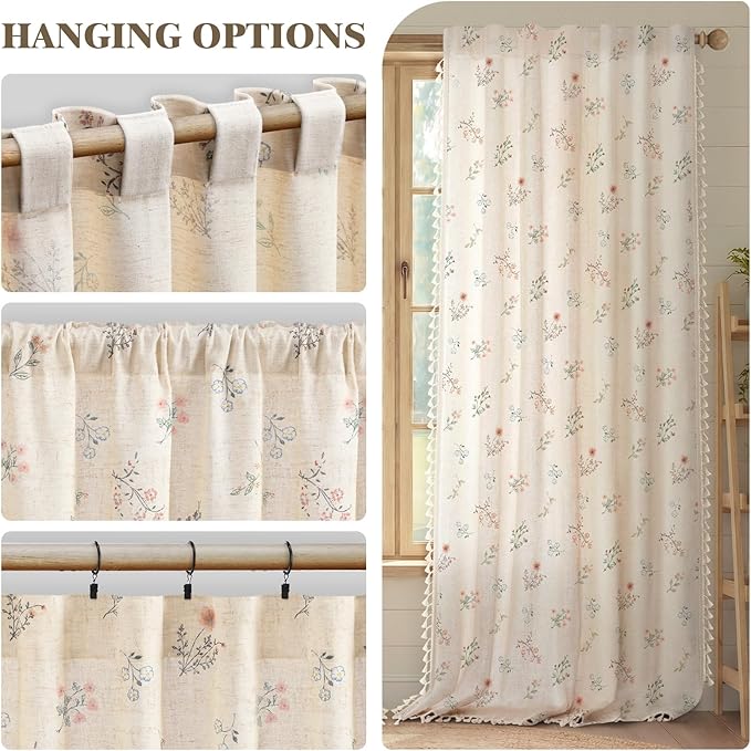 Boho Floral Spring Light Filtering Curtains 96 Inch Length 2 Panels Set, Farmhouse Semi Sheer Bedroom Living Room Vintage