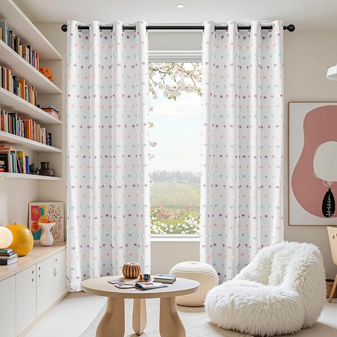 MEETSKY 100% Blackout Curtains for Nursery Bedroom 84 Inches Long 2 Panel, Total Light Blocking Grommet Thermal Insulated Window Curtains with Rainbow Pom Pom Sheer for Girls Room, 52" W x 84" L