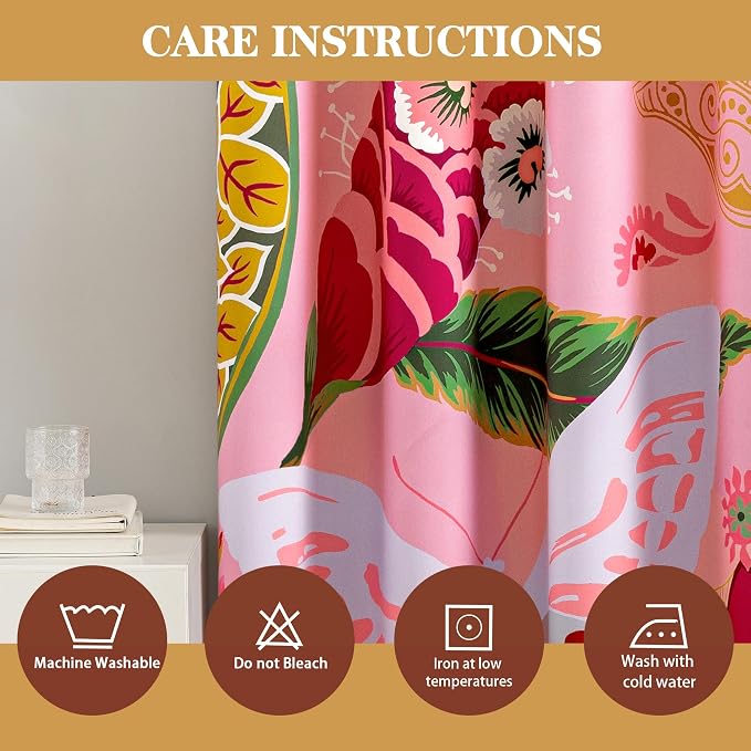 Tyrot Pink Boho Floral Blackout Curtains for Girls Bedroom 63 inch Long 2 Panels Butterfly Botanical Black Out Curtains for Living Room Grommet Thermal Insulated Room Darkening Window Drapes,52Wx63L