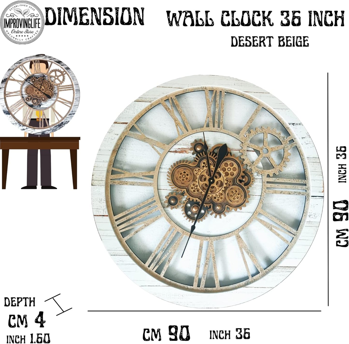 The Gears Clock 36'' Inch Real Moving Gear Wall Clock Vintage Industrial Oversized Rustic Farmhouse (White Farmhouse)