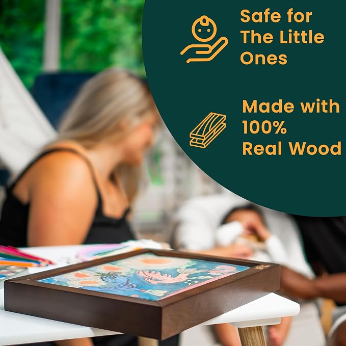 Magnetic Kids Art Frame 8.5x11 โ Lift-Top Real Wood Artwork Display & Storage โ Strap-Free Changeable Frame Holds 250 Drawings โ Freestanding or Wall Mounted - Brown