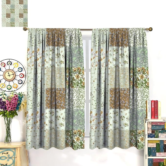 Boho Flower Patchwork Blackout Curtains Farmhouse Patchwork Quilted Country Check Print Window Drapes for Bedroom Living Room Kitchen Cafe (W27.5xL63 Inch) x2 Panels