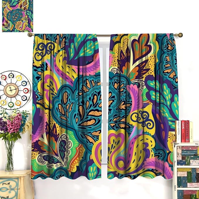 Bohemian-Style Floral Blackout Curtains with Psychedelic Abstract Paisley Print for Bedrooms, Living Rooms, and Kitchens42X54 Inch
