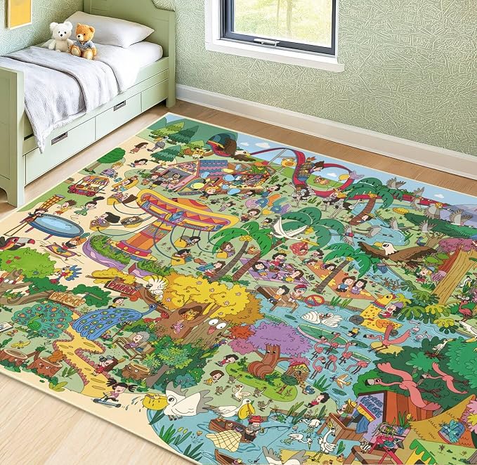 Hazo Haus Colorful Jungle Adventure Kids Rug 5x7 – Fun Cartoon Area Rug with Animals, Amusement Park, and Nature Scene – Ideal for Bedrooms, Toddlers, or Small Play Areas