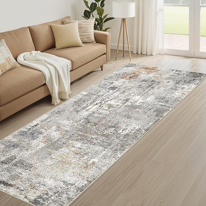 Runner Rug Kitchen Washable Rugs: 3x10 Non-Slip Abstract Soft Modern Stain Resistant Indoor Floor Neutral Accent Throw Carpet for Hallway Bathroom Laundry Room Entryway Bedroom- Gray Rust