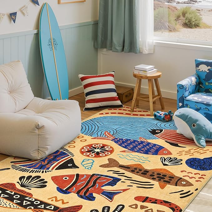 jinchan 5x7 Coastal Area Rug Kids Washable Fun Rug Colorful Ocean Fish Indoor Floor Cover Non Slip Lightweight Soft Cozy Carpet for Bedroom Nursery Playroom Daycare Living Room, Tan