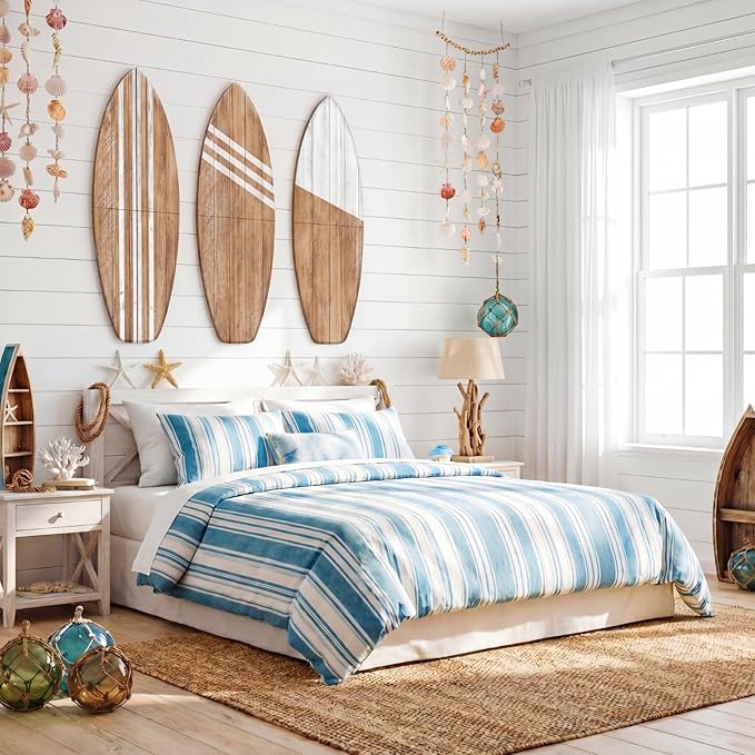 Yookeer 3 Pcs Surfboard Wall Decor,36" x 12" Large Wooden Coastal Beach Wall Decor Set, Aesthetic Cute Beachy Tropical Surf Board Art for Room Bedroom Decoration(Wood,Classic)