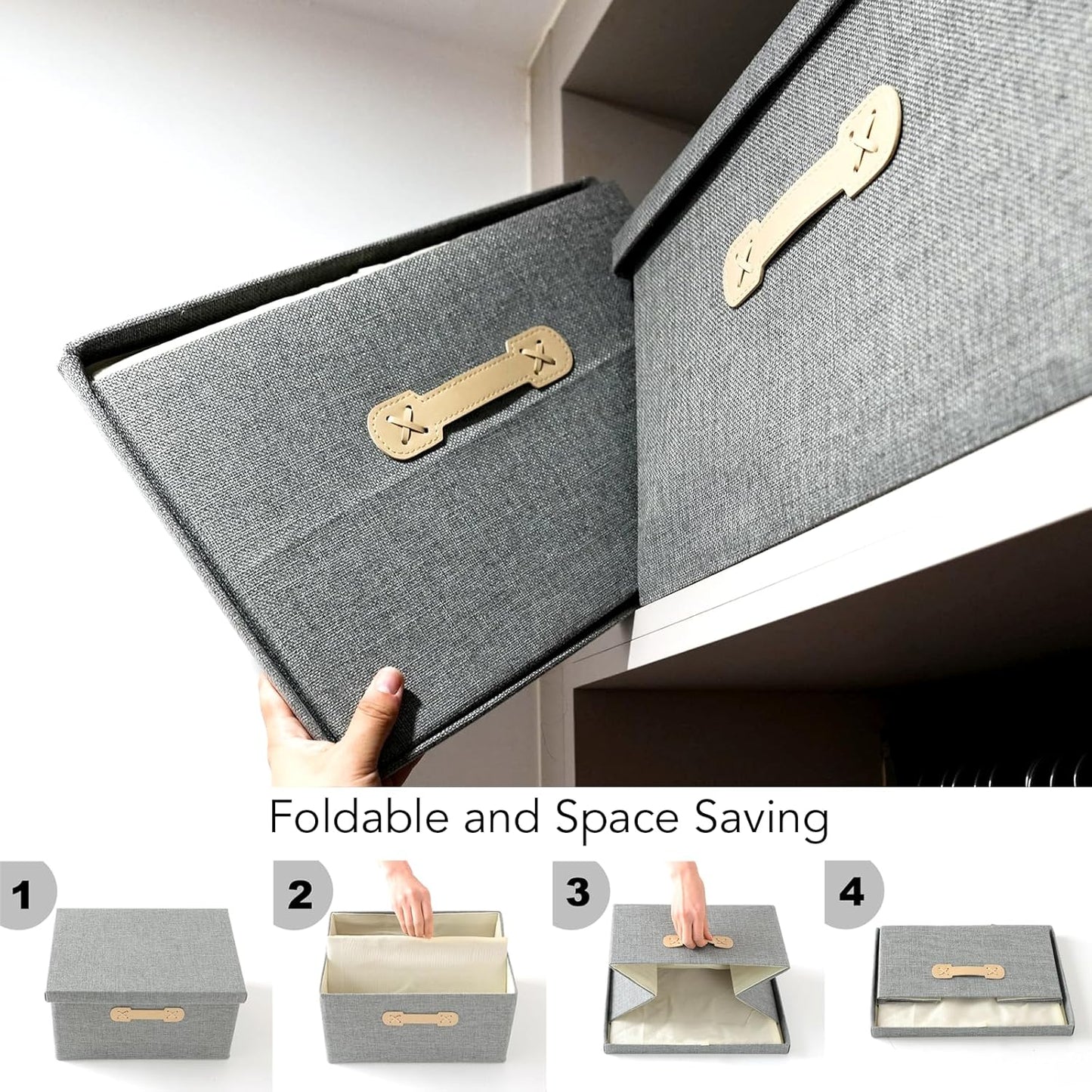 Enzk&Unity Decorative Storage Boxes with Lids, 3 Pack Grey Fabric Storage Bins with Handle, Foldbale and Stackable Storage Boxes for Shelf, Closet, Bedroom, Living Room