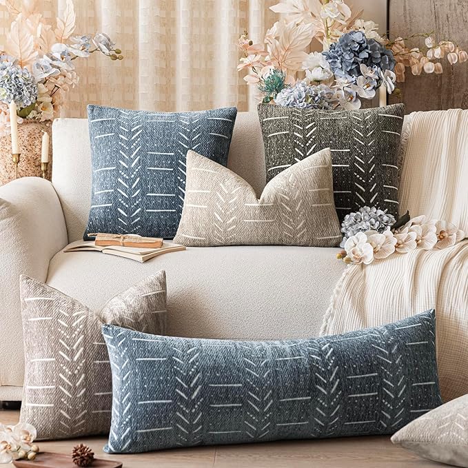 Home Décor Decorative Boho Chenille Throw Pillow Covers Neutral Lumbar Cushion Covers Textured Soft Farmhouse Pillowcase for Couch Sofa Chair Bed Living Room, 12×20 Inch, Set of 2, Dusty Blue