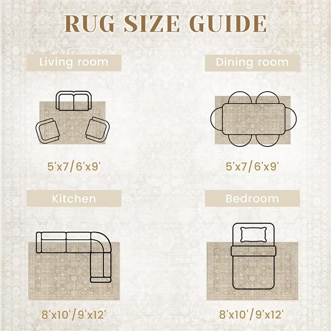 5x7 Area Rugs for Living Room: Washable Vintage Floral Rug Low Pile Non-Slip Boho Carpet for Nursery Bedroom Dining Room (Brown, 5'x7')