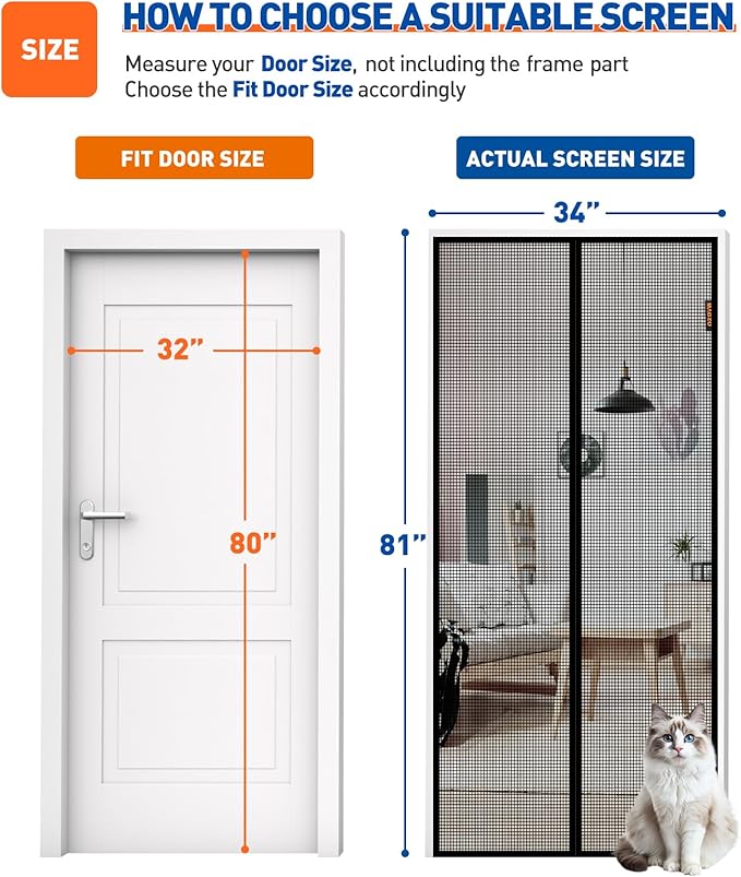 MAGZO Upgraded Magnetic Screen Door Thicker 250g/m² Pet Screen Door Mesh Fit Door Size 32 x 80 Inch, Mesh Size 34" x 81", Heavy Duty Cat Resistant Mesh for Front/Back/Sliding/Patio Door