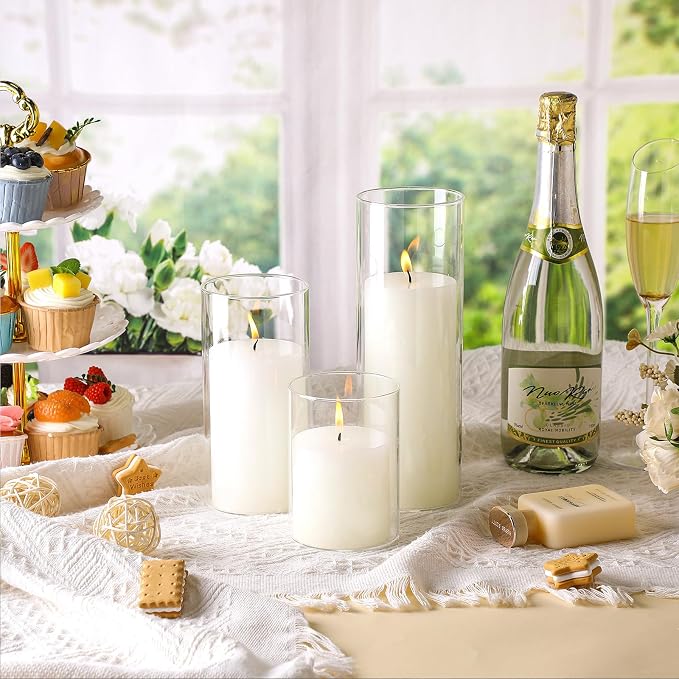 Shihanee Set of 3 Pillar Candles and 3 Glass Cylinder Candle Vases Holders Clear Pillar Jars for Wedding Centerpieces(3.4'' X 7, 9.8, 11.8,White)