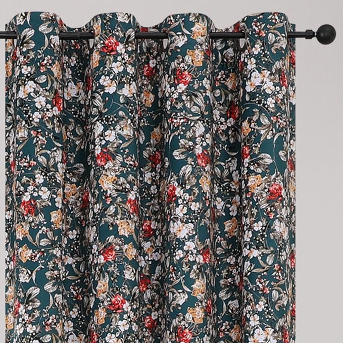 Estelar Textiler Green Velvet Blackout Curtains 84 Inch Long 2 Panels, Boho Floral Printed Curtains for Living Room,Thermal Insulated Room Darkening Designed Vintage Grommet Drapes for Bedroom,52Wx84L