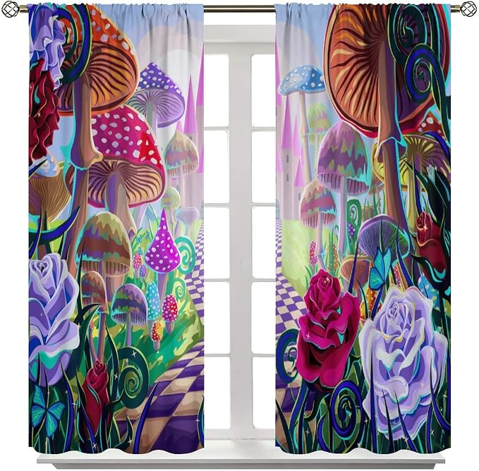 Fantasy Mushroom Curtains,Fairytale Forest Plant Castle Print Window Treatments for Bedroom Living Room Kitchen Colorful Cartoon Floral Window Drapes 2 Panels Set,Total Size42 x 54 Inch