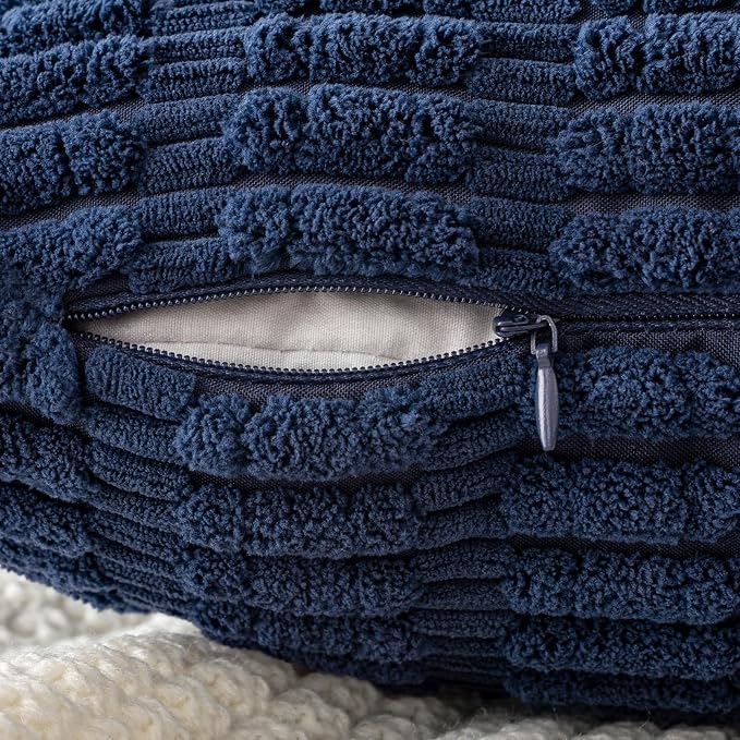 MIULEE Pack of 2 Corduroy Decorative Euro Sham Throw Pillow Covers 24x24 Inch Soft Boho Striped Pillow Covers Modern Farmhouse Home Decor for Summer Coastal Sofa Living Room Couch Bed Dark Blue