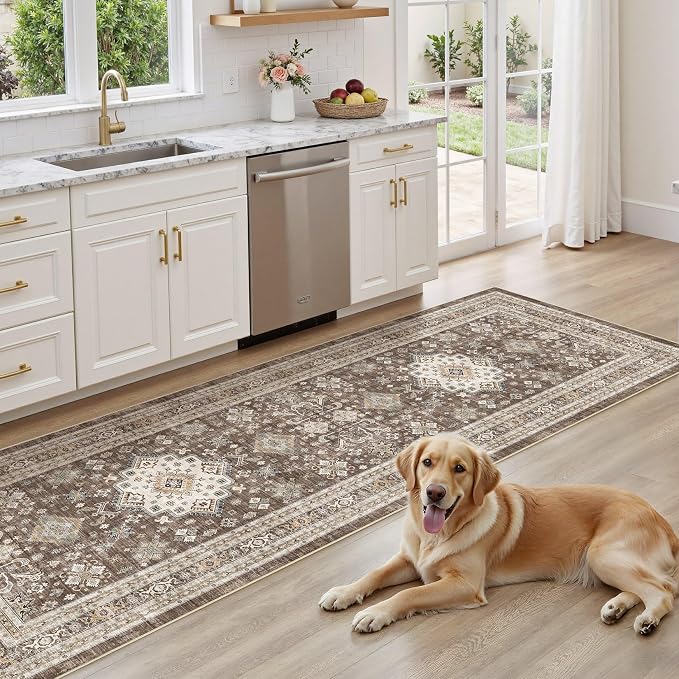 Vintage Hallway Runner Rug 3x10: Large Soft Washable Entryway for Kitchen Laundry Room Non-Slip Backing Runner for Entrance Living Room Bedroom Bathroom - Dark Brown