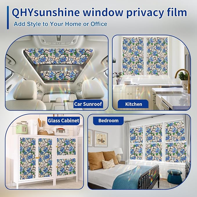 QHY Sunshine Privacy Window Film with Installation Tool Decorative Stained Glass Window Stickers Reusable Window Film (Indigo Rainbow, 35.4 x 78.7)