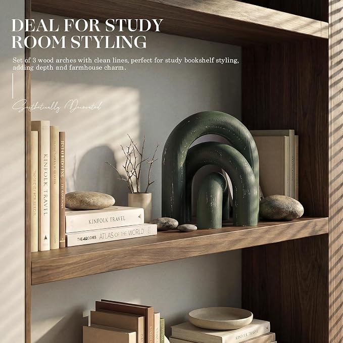 EOSAHR Pine Wooden Arch Decor Set for Green Boho Decor - Decorative Objects for Coffee Table, Side & Bookshelf - Minimalist Wood Sculpture for Table Decoration (Green)