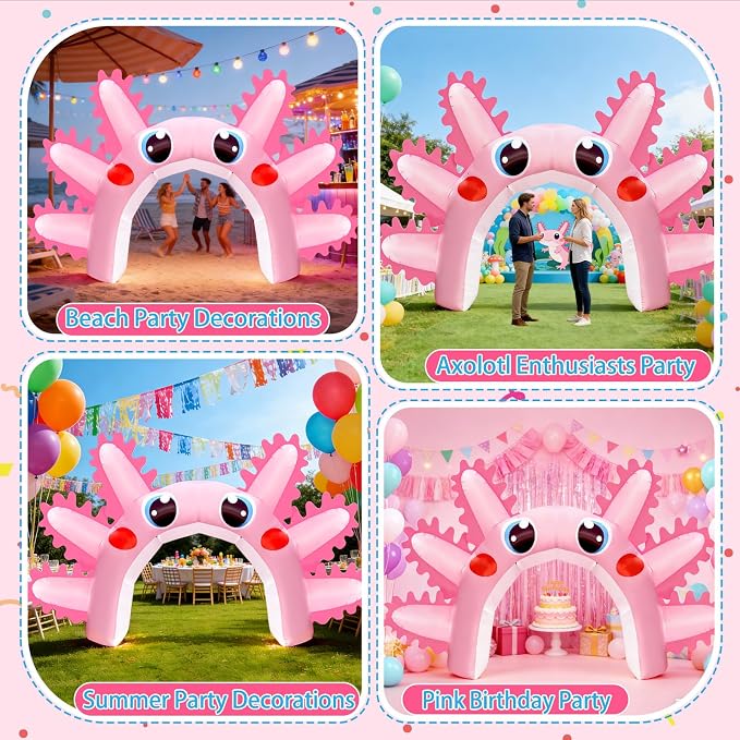 10x16FT Axolotl Inflatable Arch, Giant Pink Axolotl Birthday Party Backdrop Outdoor Yard Cartoon Archway Blow-Up Axolotl Decoration with 1Blower 3Banners for Summer Beach Pool Party Supplies