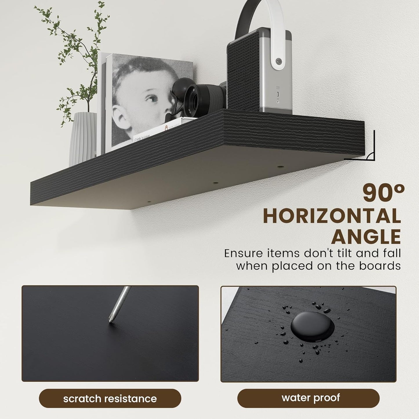 12'' Deep Floating Shelves, 48 Inch Large Floating Shelf Black, Deep Wall Shelves for Living Room Bathroom Laundry Room Bedroom Kitchen Home Office - Black