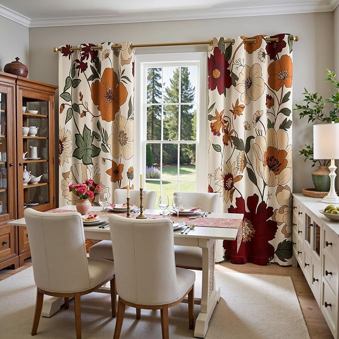 jinchan Lora Floral Curtains for Bedroom Blackout Drapes for Living Room Darkening Fabric Vintage Beige Boho Flower Pattern Fall Decor Window Curtains 90 Inches Length 2 Panels with Grommet