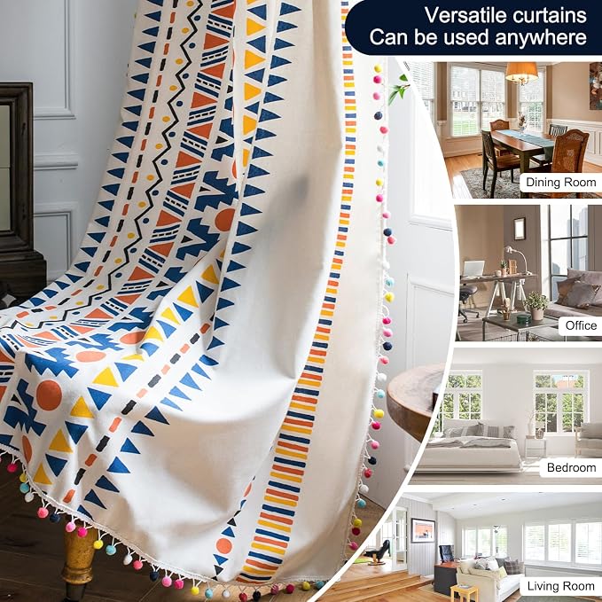 VOGOL Boho Semi Blackout Curtains, Colorful Geometric Pattern with Pom Poms, 1 Panel Rod Pocket Drapes for Living Rest Room, 28 x 84 Inches, Multi-Color