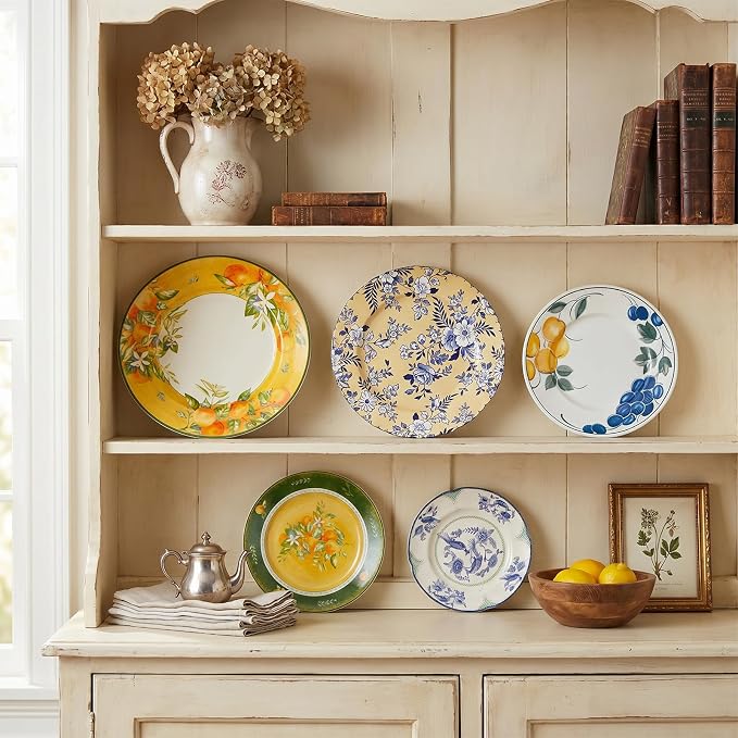 Yiyiring 5 Pcs Coastal Vintage Ceramic Wall Plates Set, Blue White and Yellow Decoration Hanging Plates with Botanical Patterns, Holland Vintage Gifts for Wall, Home Office Art Ornament(Fruit)
